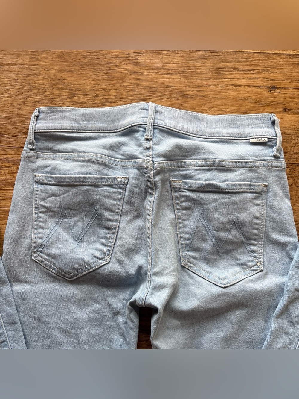 MOTHER The Cruiser Light Blue Flare Jeans with Signature Back Pocket Stitch 28